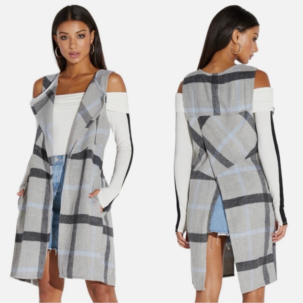 Favlux Long Wool Blend Gray Blue Plaid Cardigan Sweater Vest Size Large